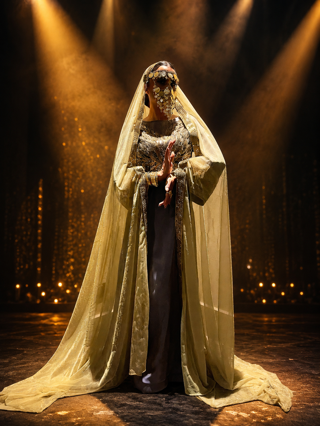 Golden roaming character performing under warm stage lights