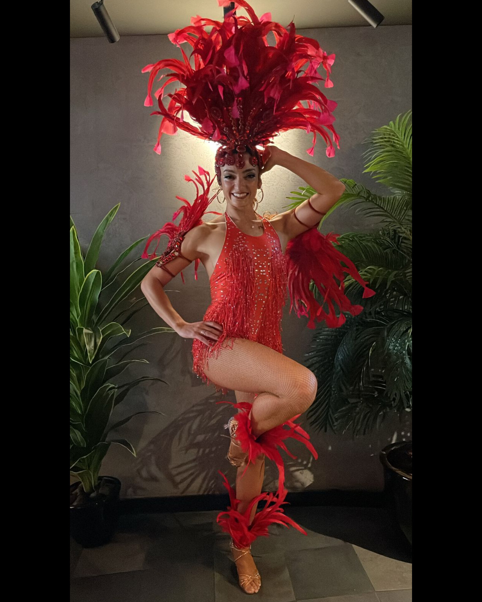 Carnival showgirl concept in red feathers