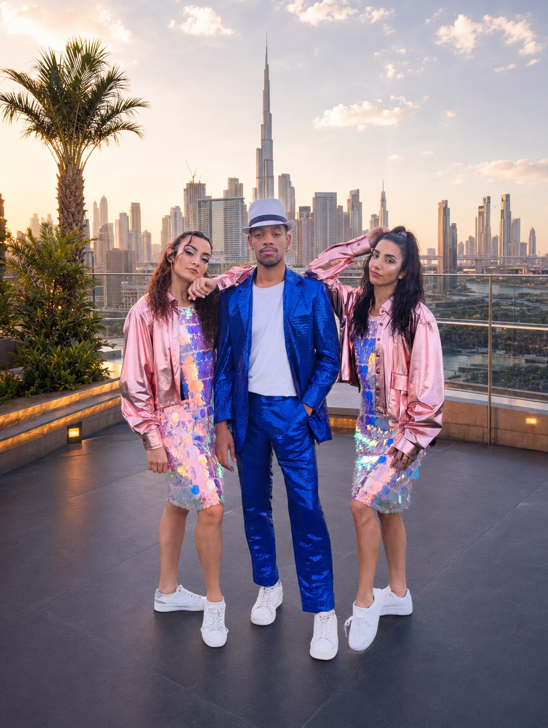 Three performers in colorful costumes with the Burj Khalifa behind them